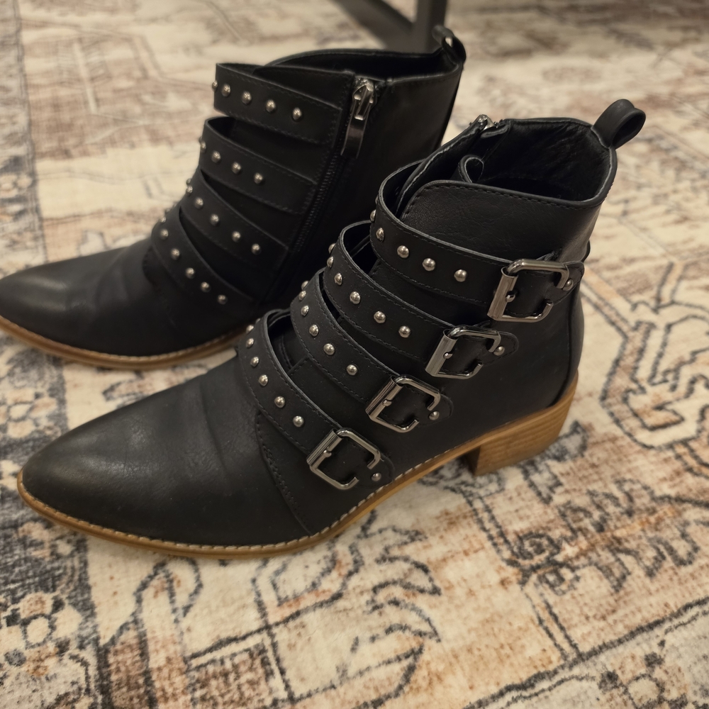 Studded Strappy Ankle Boots - Black